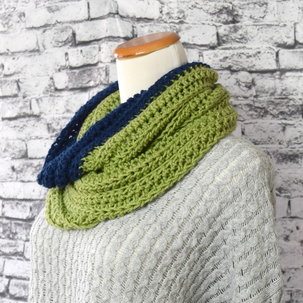 Hand Crocheted Olive and Navy Cowl Infinity Scarf - Picture 2 of 5